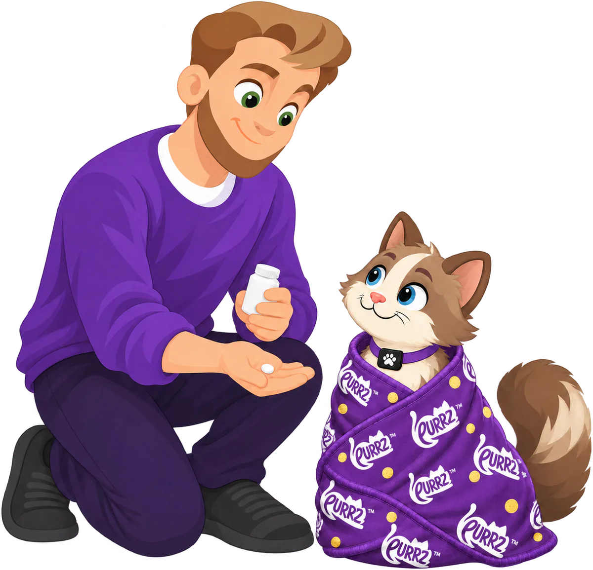 Illustrated man kneeling with a pill bottle and a pill in his open hand beside a brown and cream cat wrapped to the neck in a purple PURRZ™ Sticky Wrap