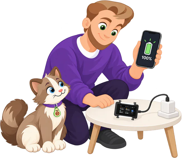 Illustrated man in a purple jumper holding up a phone that shows a full battery while the black Cat GPS Tracker charges on a round table beside him, a brown and cream cat with the Avocado Cat Smart ID Tag looking up