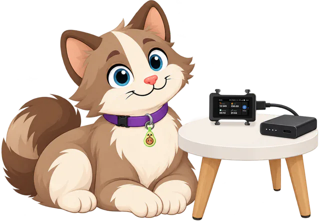 Illustrated brown and cream cat lying beside a small round table where the black Cat GPS Tracker charges from a power bank, the Avocado Cat Smart ID Tag on her purple collar