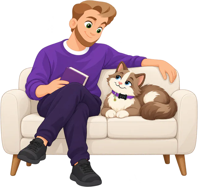 Illustrated man in a purple jumper reading on a cream sofa with one arm along its back, a brown and cream cat curled beside him wearing the black Cat GPS Tracker and the Avocado Cat Smart ID Tag on a purple collar