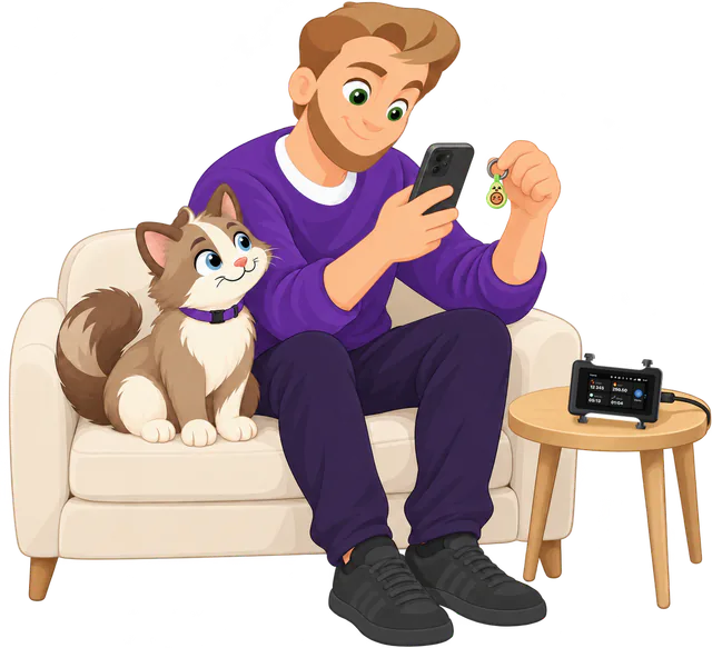 Illustrated man in a purple jumper on a cream sofa scanning the Avocado Cat Smart ID Tag with his phone, a brown and cream cat beside him and the black Cat GPS Tracker on a side table