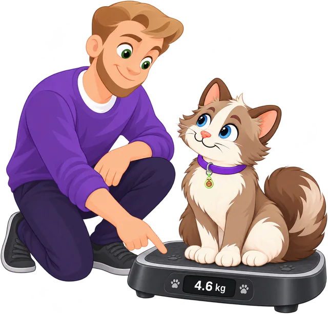 Illustrated man in a purple jumper kneeling to point at a pet scale that reads 4.6 kg, a brown and cream cat sitting on it with the Avocado Cat Smart ID Tag on her purple collar