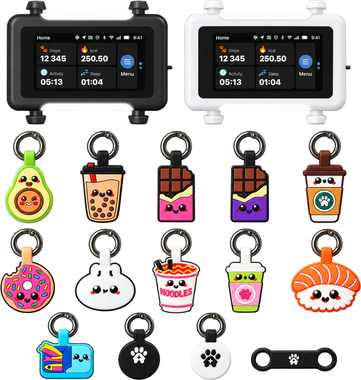 The Cat GPS Tracker in black and in white above the fourteen Cat Smart ID Tag designs on their clip rings: Avocado, Boba, Chocolate Pink, Chocolate Purple, Coffee, Donut, Dumpling, Ramen, Sakura Matcha, Salmon Sushi, Sardines, Black, White and the Slide-On