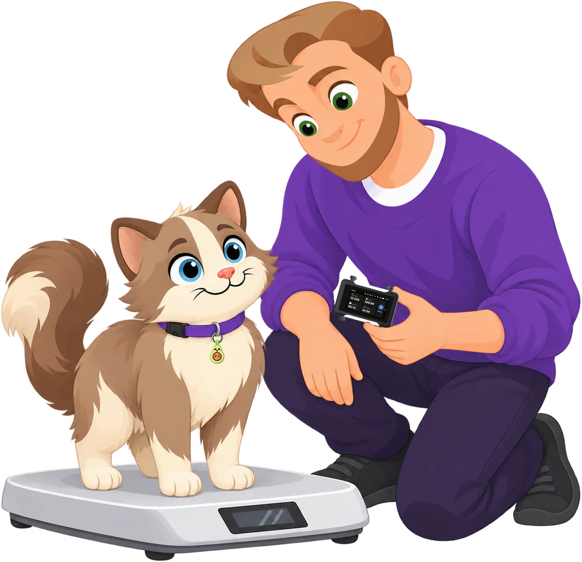 Illustrated brown and cream cat standing on a white scale beside a kneeling man in a purple jumper who holds the black Cat GPS Tracker, the Avocado Cat Smart ID Tag on her purple collar