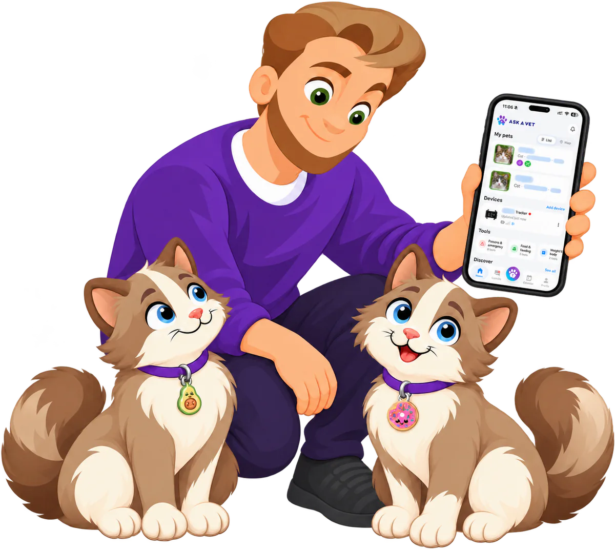 Illustrated man kneeling between two cats, one wearing the Avocado Cat Smart ID Tag and one the Donut, holding up his phone with two pets listed in the Ask A Vet app