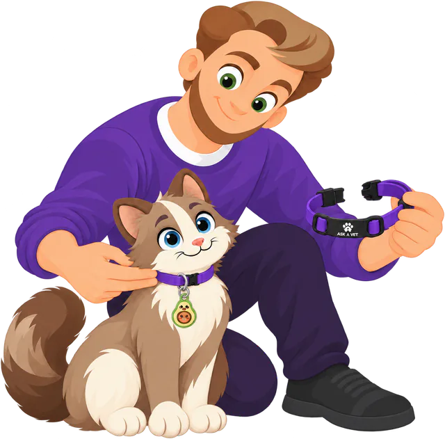 Illustrated man holding a purple collar open in one hand and steadying a cat's collar with the other, the Avocado Cat Smart ID Tag hanging from its D-ring