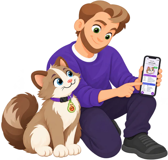 Illustrated man kneeling beside a cat wearing the Avocado Cat Smart ID Tag, pointing at the owner and pet details on his phone's public profile screen