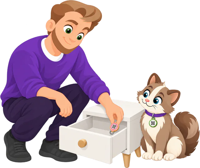 Illustrated man crouching to put the Donut Cat Smart ID Tag into a drawer, a cat wearing the Avocado tag QR side out watching