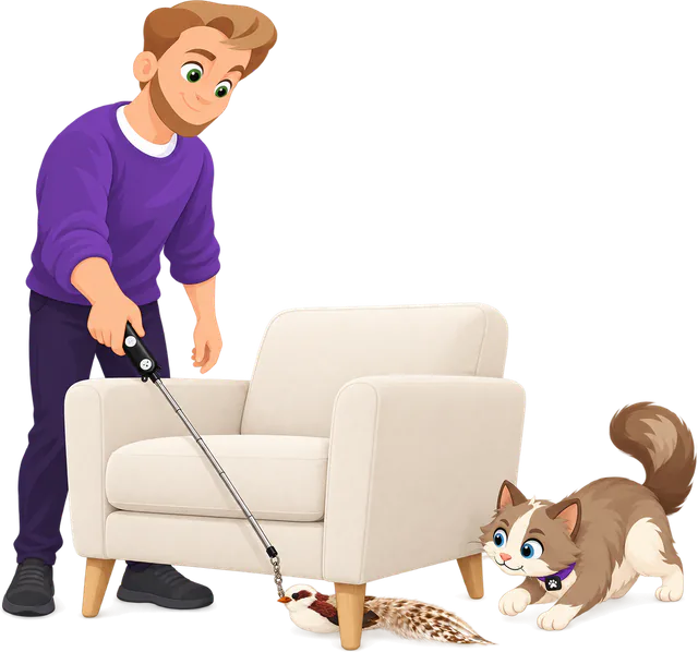 Illustrated man in a purple jumper drawing a PURRZ™ Bird attachment along the floor under a cream armchair with a cat wand, a brown and cream cat crouched low on the far side to stalk it