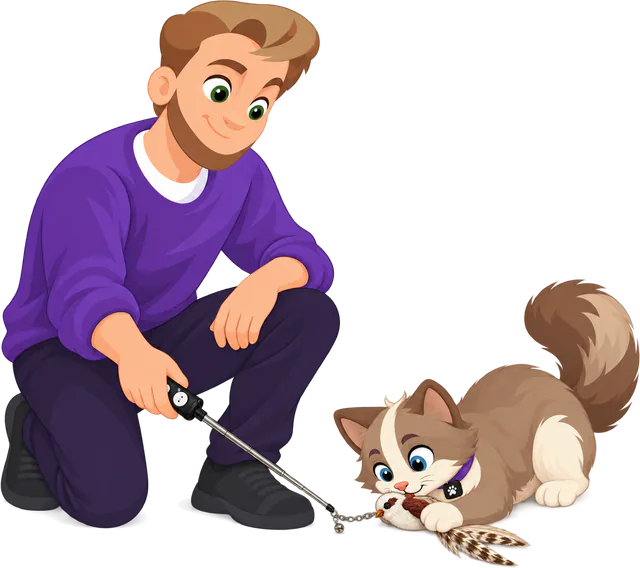 Illustrated man in a purple jumper kneeling with a cat wand held low, watching a brown and cream cat lying on the floor with the PURRZ™ Bird attachment in its mouth