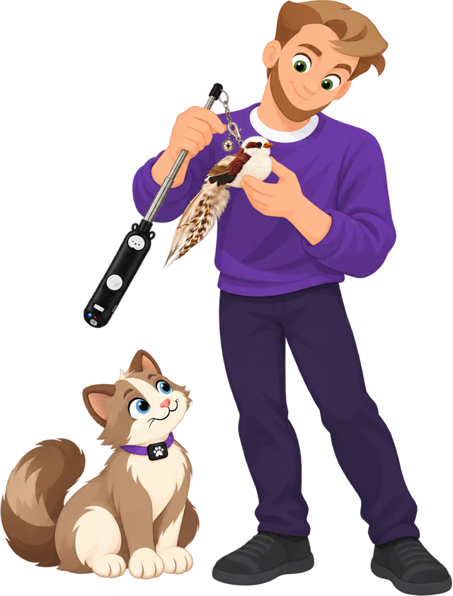 Illustrated man in a purple jumper standing with a cat wand in one hand, clipping a PURRZ™ Bird attachment onto the chain at its tip with the other, a brown and cream cat sitting at his feet looking up