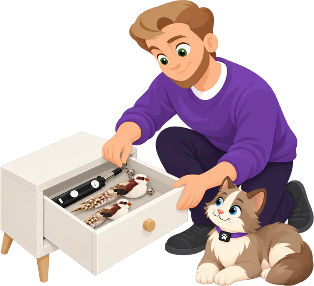 Illustrated man in a purple jumper kneeling at the open drawer of a small white cabinet, laying a cat wand and two PURRZ™ Bird attachments inside, a brown and cream cat lying beside him looking up