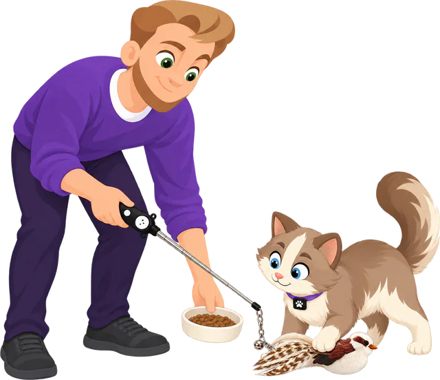 Illustrated man in a purple jumper bending to set down a bowl of food with a cat wand in his other hand, a brown and cream cat pinning the PURRZ™ Bird attachment to the floor with one paw