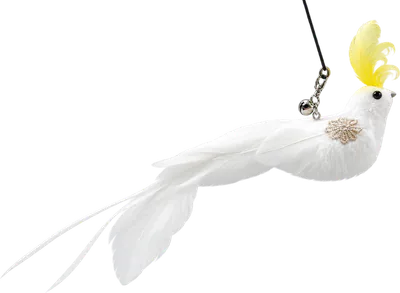 PURRZ™ Bird attachment in Cockatoo Chaos: a white feathered bird with a yellow crest, a gold flower stitched on its wing and a long white tail, hanging from a silver clip with a bell