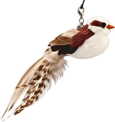 PURRZ™ Bird attachment in Kookaburra Craze: a white plush bird with a brown eye stripe, brown wings and a long brown and cream barred tail, hanging from a silver clip