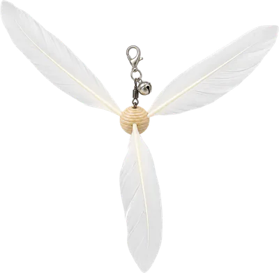 PURRZ™ Helicopter Spinner attachment in Cockatoo Chaos: three white feathers fanned out from a wooden bead, hanging from a clip with a bell