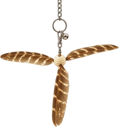 PURRZ™ Helicopter Spinner attachment in Kookaburra Craze: three brown and cream barred feathers fanned out from a wooden bead, hanging from a chain with a clip and a bell