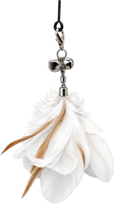 PURRZ™ Jingle Jangle attachment in Kookaburra Craze: a bunch of white feathers with tan strands, hanging under two silver bells from a clip