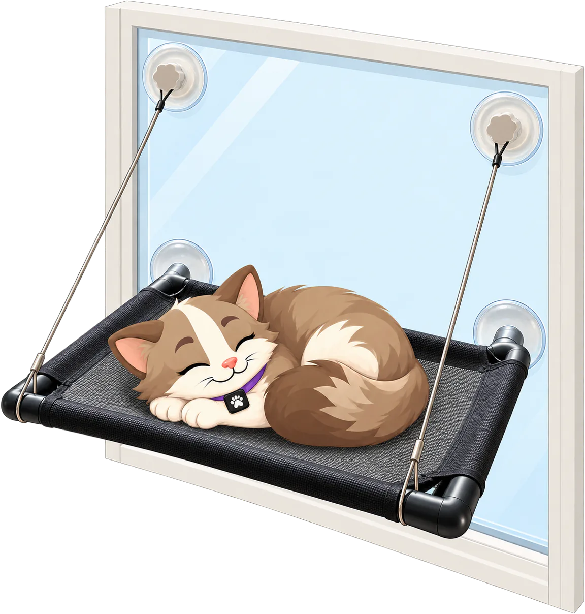 Illustrated cat asleep on the black mesh of a PURRZ™ Window Hammock, two suction cups at the top of the glass carrying the cables to the frame's outer corners and two behind the frame