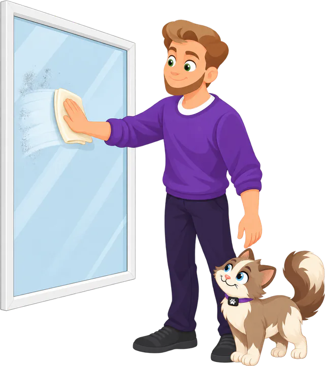 Illustrated man in a purple jumper wiping the window glass with a cloth before the PURRZ™ Window Hammock goes up, a cat at his feet looking up