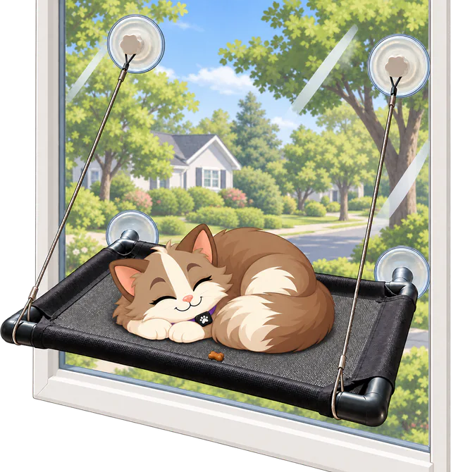 Illustrated cat asleep on the black mesh of a PURRZ™ Window Hammock fixed to the window, a treat on the mesh beside her