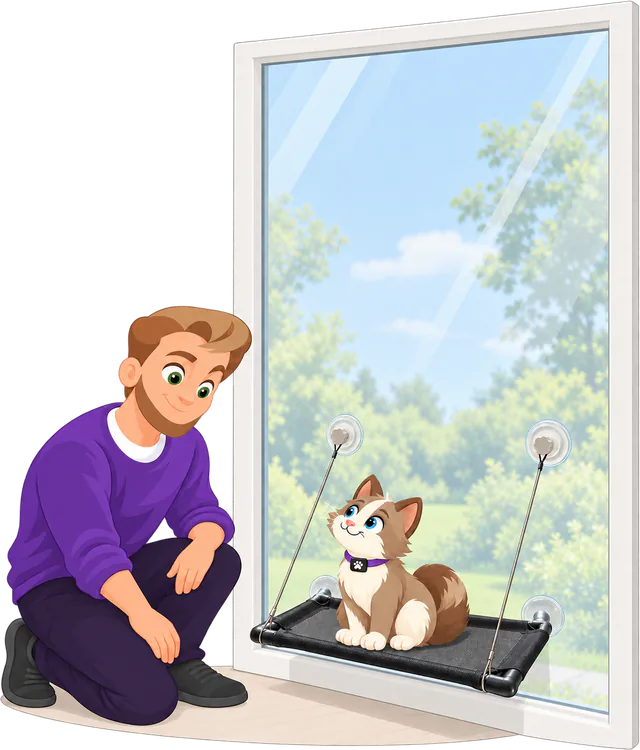 Illustrated man in a purple jumper kneeling beside a PURRZ™ Window Hammock fixed low on the window, a cat sitting on its mesh