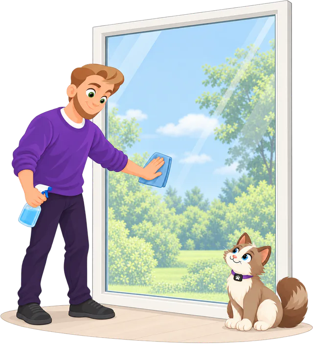 Illustrated man in a purple jumper cleaning the window glass with a spray bottle and a cloth, a cat sitting by the window watching