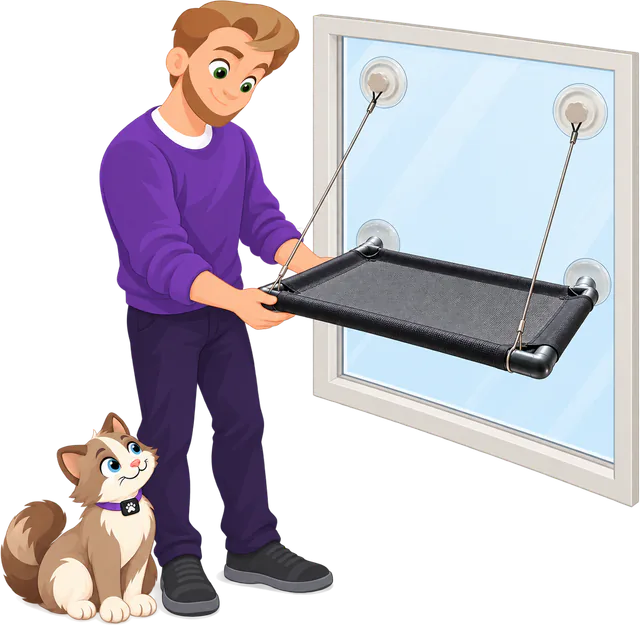 Illustrated man in a purple jumper holding the frame of a PURRZ™ Window Hammock refitted higher up the window, a cat sitting on the floor looking up