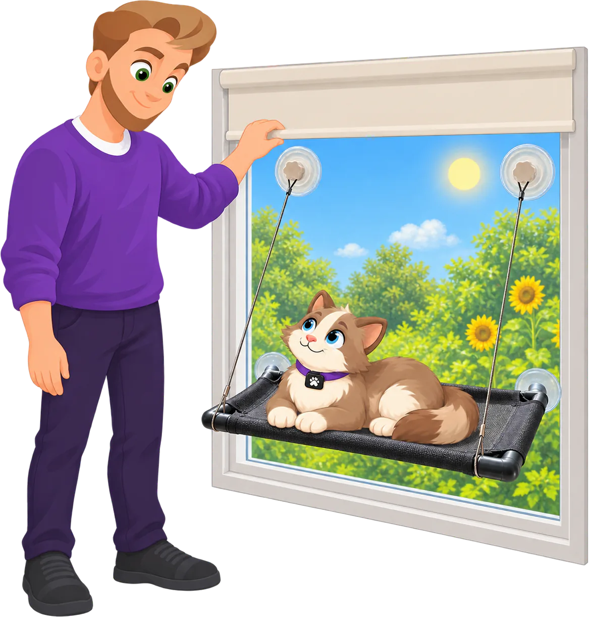 Illustrated man in a purple jumper holding up the blind on a sunny window as a cat lies on the black mesh of a PURRZ™ Window Hammock