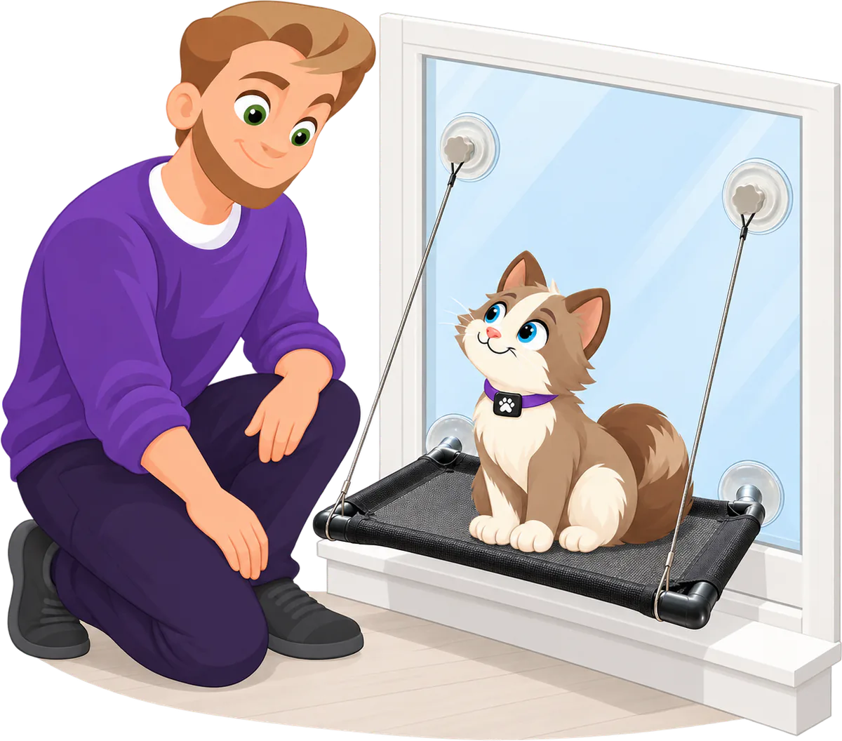 Illustrated man in a purple jumper kneeling beside a PURRZ™ Window Hammock fixed low on the window just above the sill, a cat sitting on its black mesh and looking up