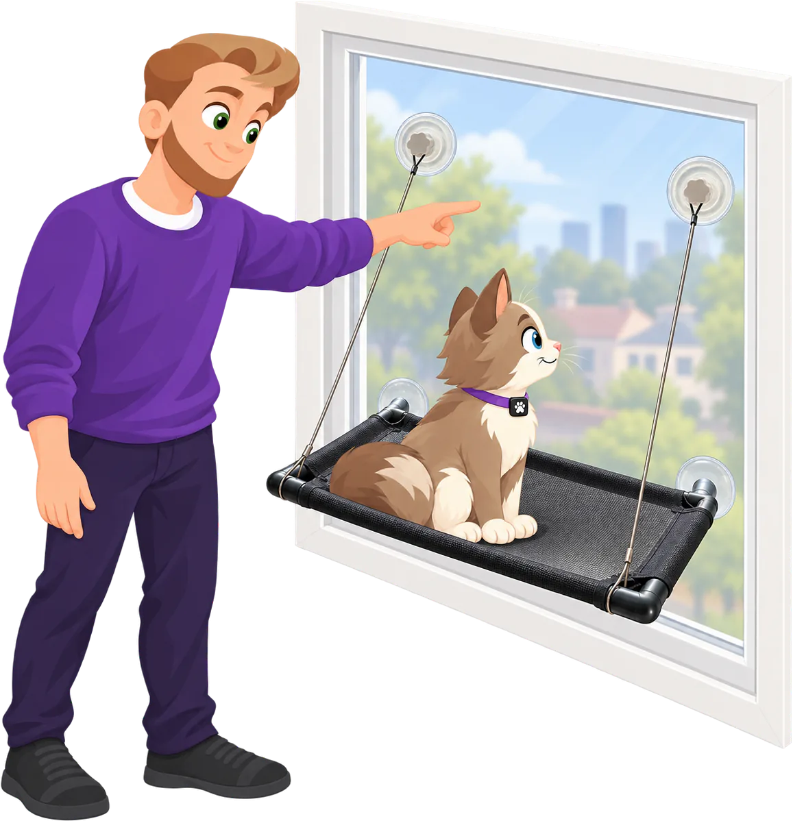 Illustrated man in a purple jumper pointing to a cat sitting on the black mesh of a PURRZ™ Window Hammock fixed to a window with suction cups, trees and rooftops outside